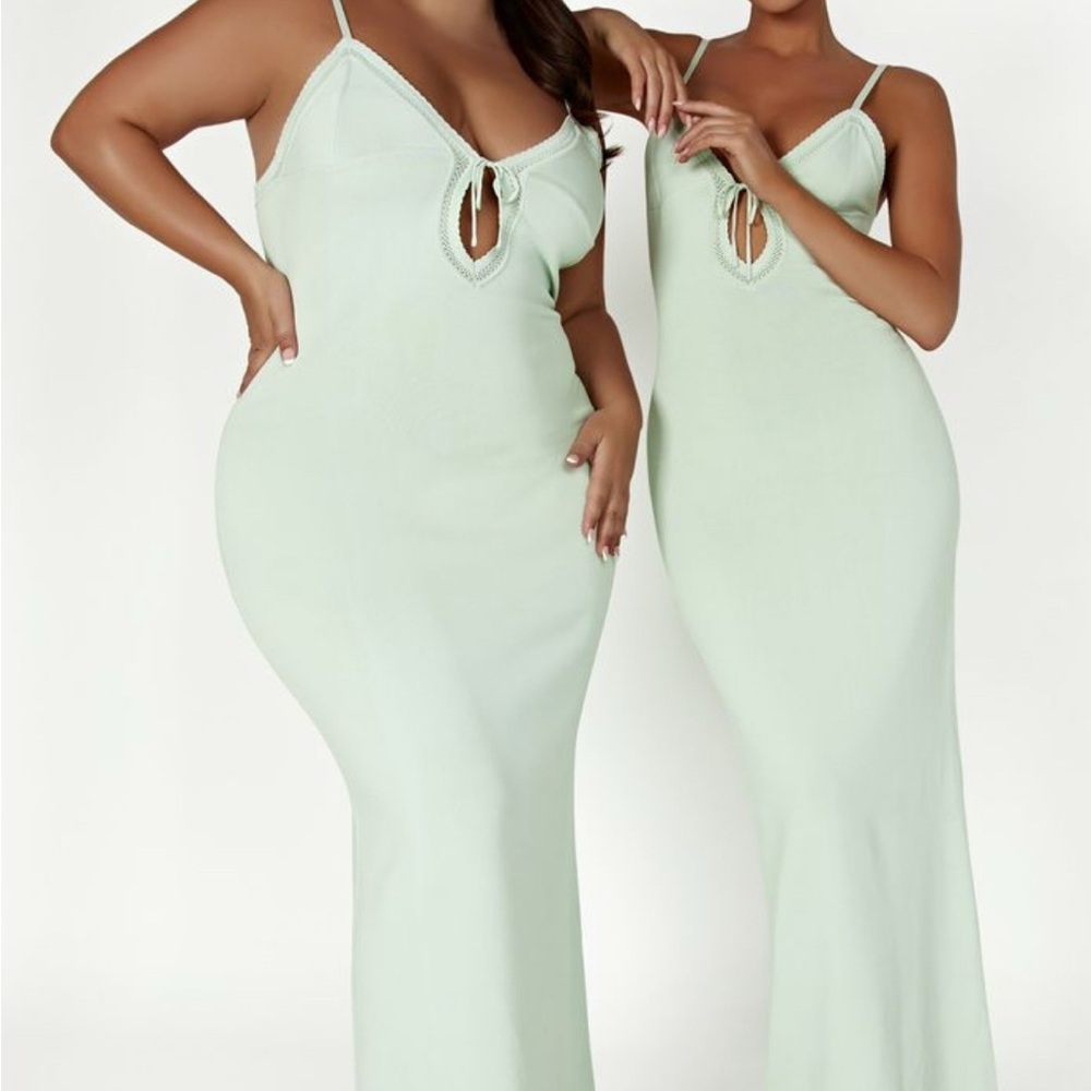 Meshki Pistacchio Bodycon Maxi Dress Plunge Neckline